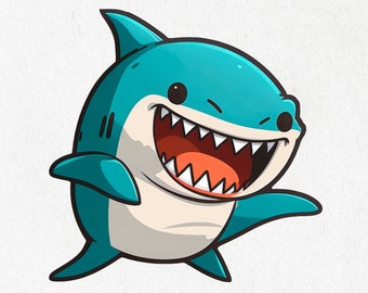 Shark Sticker, Happy Shark, Sea Animal, Shark Vinyl, Smiling Shark, Cute Decal, Water Bottle Stickers | Vinyl Sticker 2" x 2" & 4" x 4"