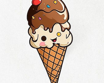 Ice Cream Cone Sticker, Happy Ice Cream Cone, Ice Cream, Vinyl, Smiling Ice Cream, Cute Decal, Water Bottle Stickers |  2" x 2" & 4" x 4"