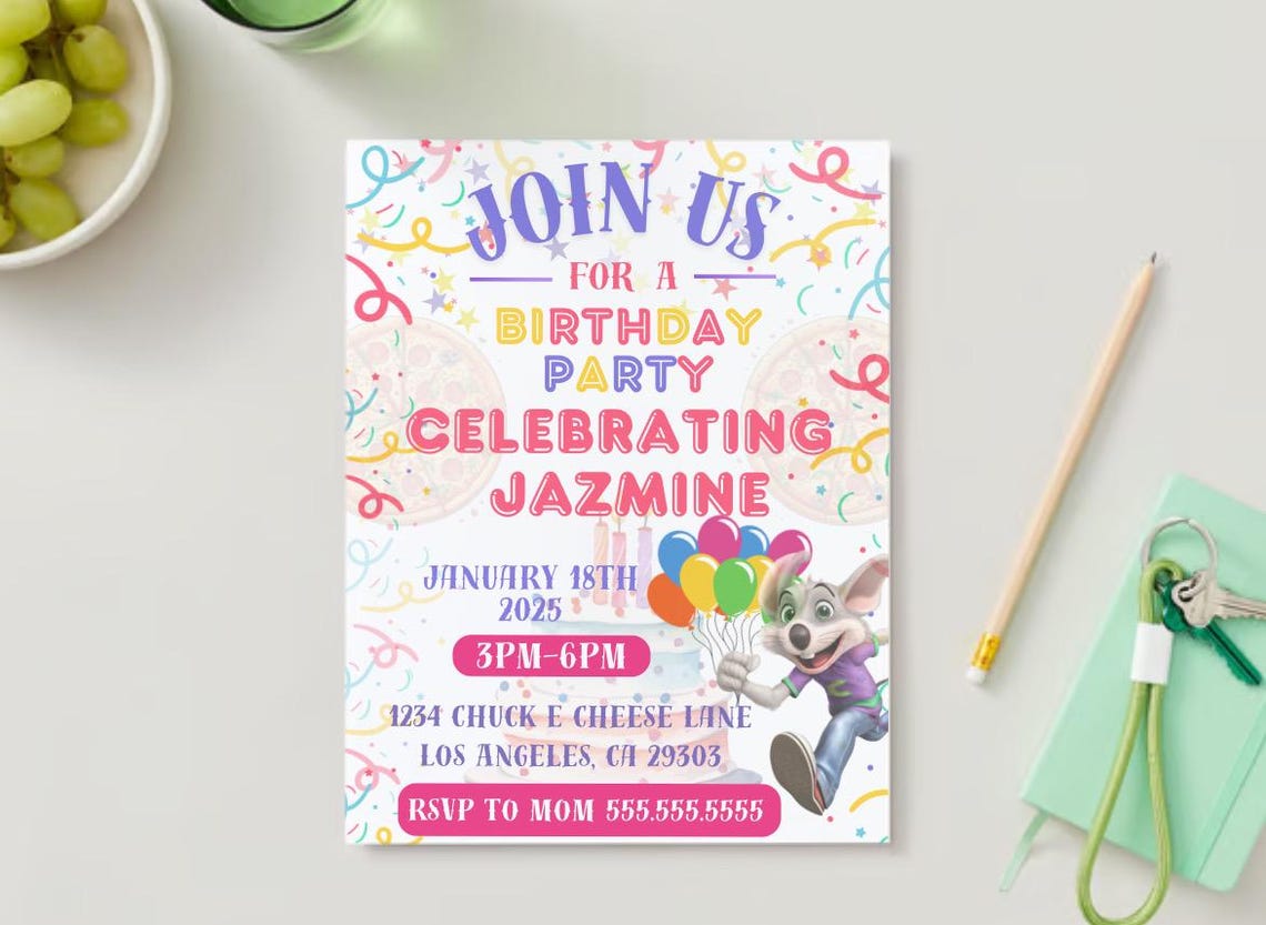 Editable Chuck E. Cheese Birthday Invitation Template Instant