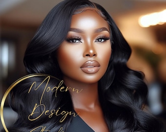 AI-Generated Black Beauty Stock Photo: Glamorous Hair Model (Digital Download)