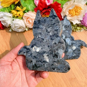 May include: A pair of gray and black cat-shaped sculptures carved from polished labradorite stone. The sculptures are sitting on a wooden surface.