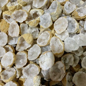 Peut inclure: Une collection de petites moitiés de géodes brisées présentant des coquilles extérieures rugueuses de couleur beige et des intérieurs remplis de grappes de cristaux de quartz blanc translucides et étincelants, entassées en groupe.