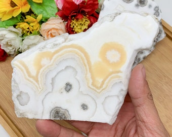 1PC Orange Yellow Calcite Slabs - Beautifully Polished Natural Crystal Plates with Free Stands - Ideal for Home Decor & Crystal Gifts