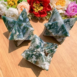 Hand carved Moss Agate Merkaba Star，Crystal Merkaba Star，Quartz Crystal，Halloween/Christmas gift，Crystal ornament，Crystal healing