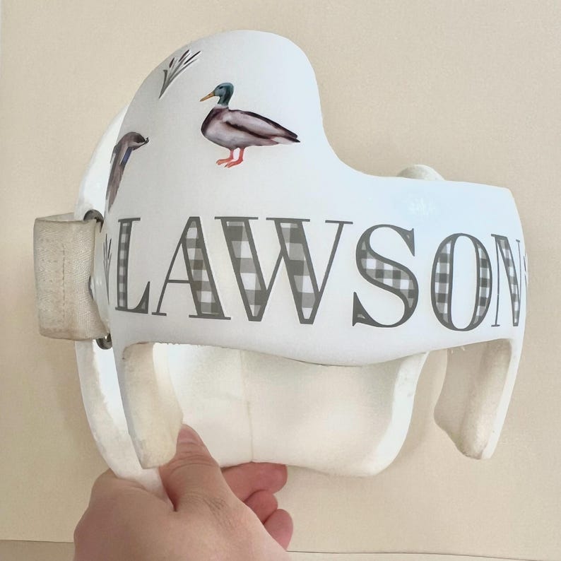 May include: White helmet with a black and white checkered pattern and the name "LAWSON" printed on it. The helmet has a duck and other bird designs.