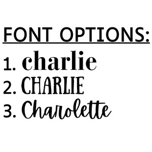 May include: A list of three font options for the name "Charlie" with the options numbered 1 through 3. Option 1 is in a lowercase, bold font. Option 2 is in all caps, sans-serif font. Option 3 is in a cursive font.