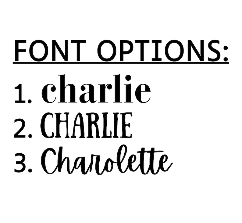 May include: A list of three font options for the name "Charlie" with the options numbered 1 through 3. Option 1 is in a lowercase, bold font. Option 2 is in all caps, sans-serif font. Option 3 is in a cursive font.