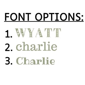 May include: Font options for a name, showing three different styles. Option 1 is the name "WYATT" in a green and white gingham pattern. Option 2 is the name "charlie" in a plain green font. Option 3 is the name "Charlie" in a plain green font.