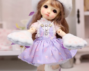 YOSD Doll Clothes  1/6 BJD doll clothes Purple dress with bunny ear hat and bunny paw gloves