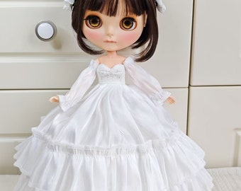 Handmade Blythe Doll Clothes White Full length Wedding Dress with petticoat Neo Blythe OB22, OB24