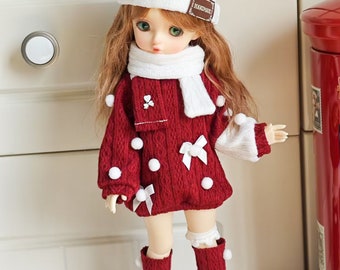 Ropa para muñecas YOSD 1/6, ropa para muñecas BJD, conjunto de punto de terciopelo rojo de invierno