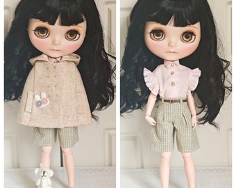 Handmade Blythe Doll Clothes Women's Sleeveless Blouse and Tailored Shorts Set with Capelet Neo Blythe OB22, OB24