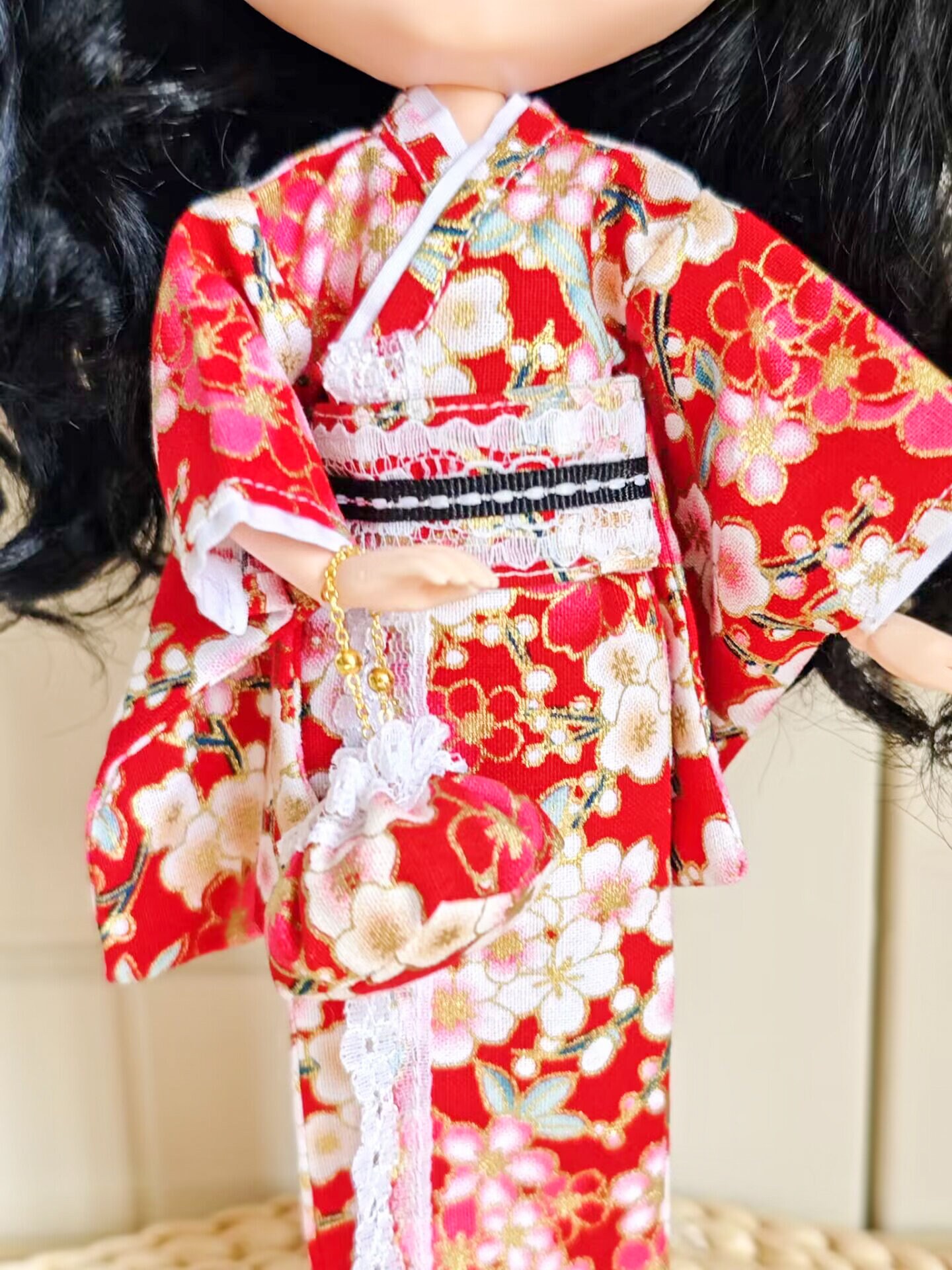 【kr】Ameri BLYTHE KIMONO SLEEVE SHIRT Handmade Blythe Doll Clothes Japanese Red Kimono With Sakura