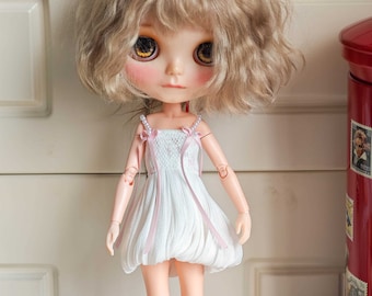 Handmade Blythe Doll Clothes White Chiffon Doll Dress with Pink Ribbons Neo Blythe OB22, OB24