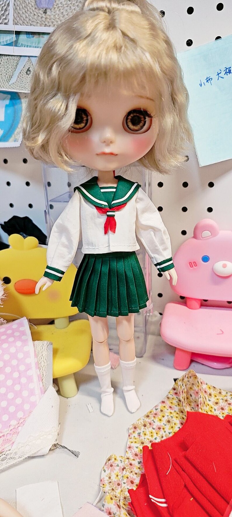 Handmade Blythe Doll Clothes Green Japanese school uniform Kagome Costume Neo Blythe OB22, OB24 zdjęcie 2