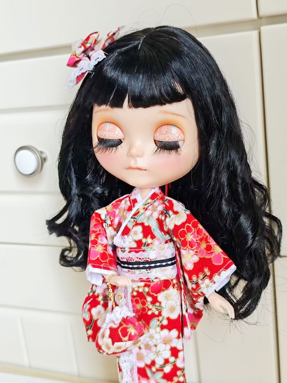 Handmade Blythe Doll Clothes Japanese Red Kimono With Sakura