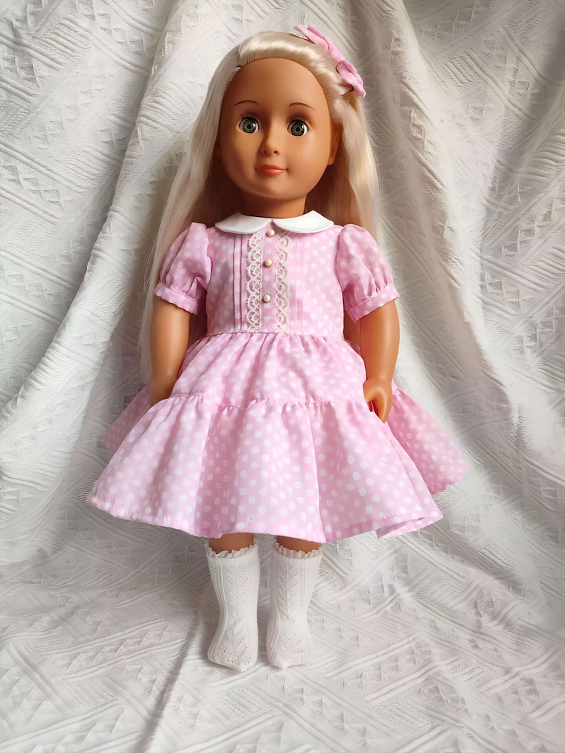 Pink Polka Dots Dress Hair Bow petticoat handmade to fit 18-Inch Girl Dolls Dress similar size 18 Inch Doll image 2