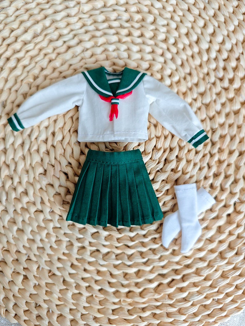 Handmade Blythe Doll Clothes Green Japanese school uniform Kagome Costume Neo Blythe OB22, OB24 zdjęcie 5