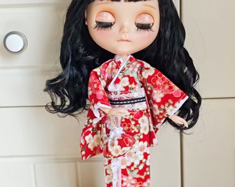 Handmade Blythe Doll Clothes Japanese Red Kimono with Sakura Blossom Pattern, Bow, and Handbag Neo Blythe OB22, OB24