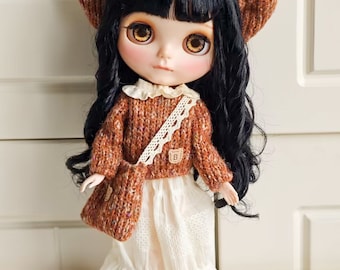 Handmade Blythe Doll Clothes Warm and Natural Ensemble Knit Hat, Sweater, Beige Skirt, and Matching Bag for Neo Blythe OB22, OB24