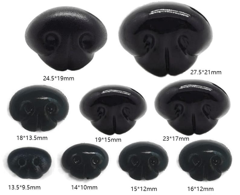 May include: Eight black plastic animal noses of varying sizes. The noses are shaped like a rounded triangle with two holes in the center. The sizes are listed in inches and millimeters.