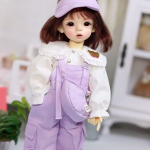 YOSD Doll Clothes  1/6 BJD doll clothes White Blouse paired with purple sun hat, cargo pants, and a crossbody bag