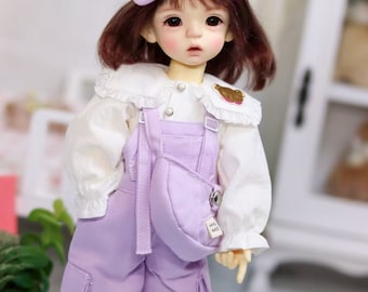 YOSD Doll Clothes  1/6 BJD doll clothes White Blouse paired with purple sun hat, cargo pants, and a crossbody bag