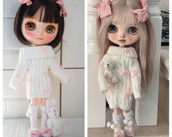 Handmade Blythe Doll Clothes White turtleneck sweater  with  pink bow Neo Blythe OB22, OB24 Pullip Dolls