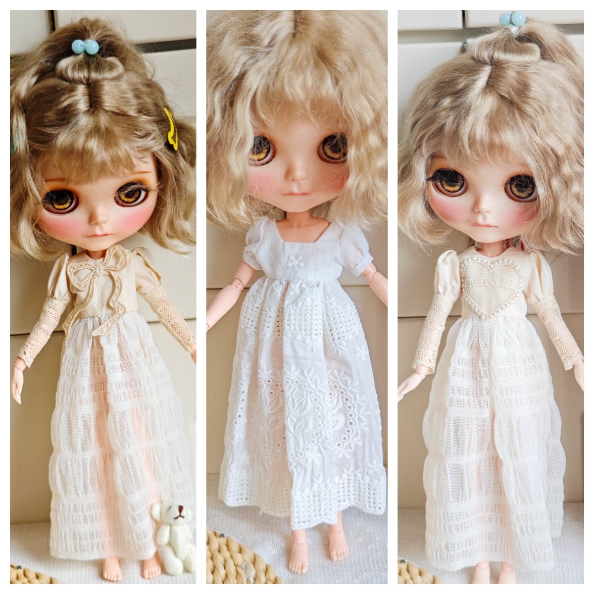 手作りブライス人形服 ロマンチックなレースの人形ドレス ハート刺繍