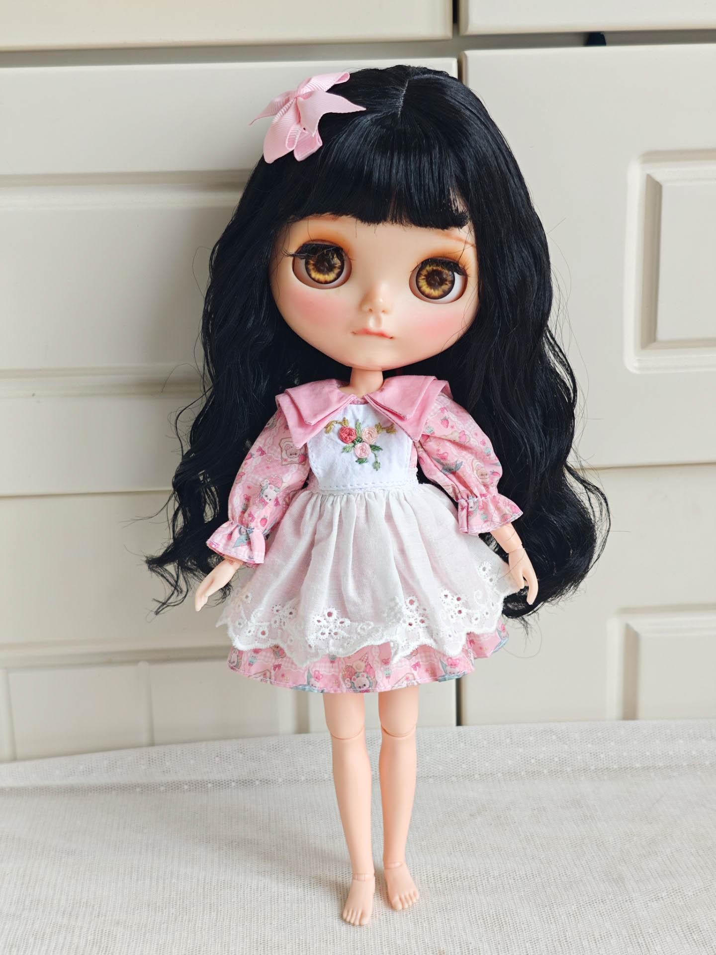 Handmade Blythe Doll Dress, Pink Floral Smock with Lace, Fits Neo Blythe OB22 OB24