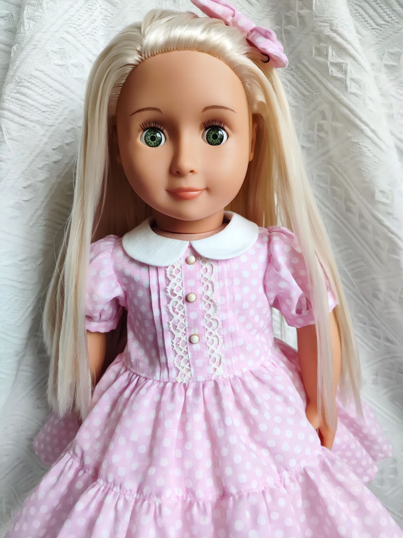 Pink Polka Dots Dress Hair Bow petticoat handmade to fit 18-Inch Girl Dolls Dress similar size 18 Inch Doll image 3