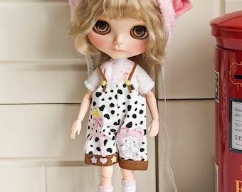 Handmade Blythe Doll Clothes Playful Cow Print Outfit with Pink Hat for Neo Blythe OB22, OB24