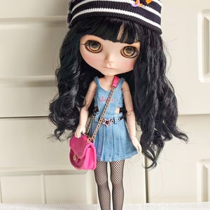 Handmade Blythe Doll Clothes Women's Denim Dress with Fishnet Stockings, Bag, and Hat Neo Blythe OB22, OB24 Pullip Dolls