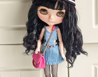 Handmade Blythe Doll Clothes Women's Denim Dress with Fishnet Stockings, Bag, and Hat Neo Blythe OB22, OB24 Pullip Dolls