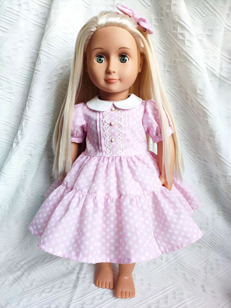 Pink Polka Dots Dress Hair Bow petticoat handmade to fit 18-Inch Girl Dolls Dress similar size 18 Inch Doll image 6