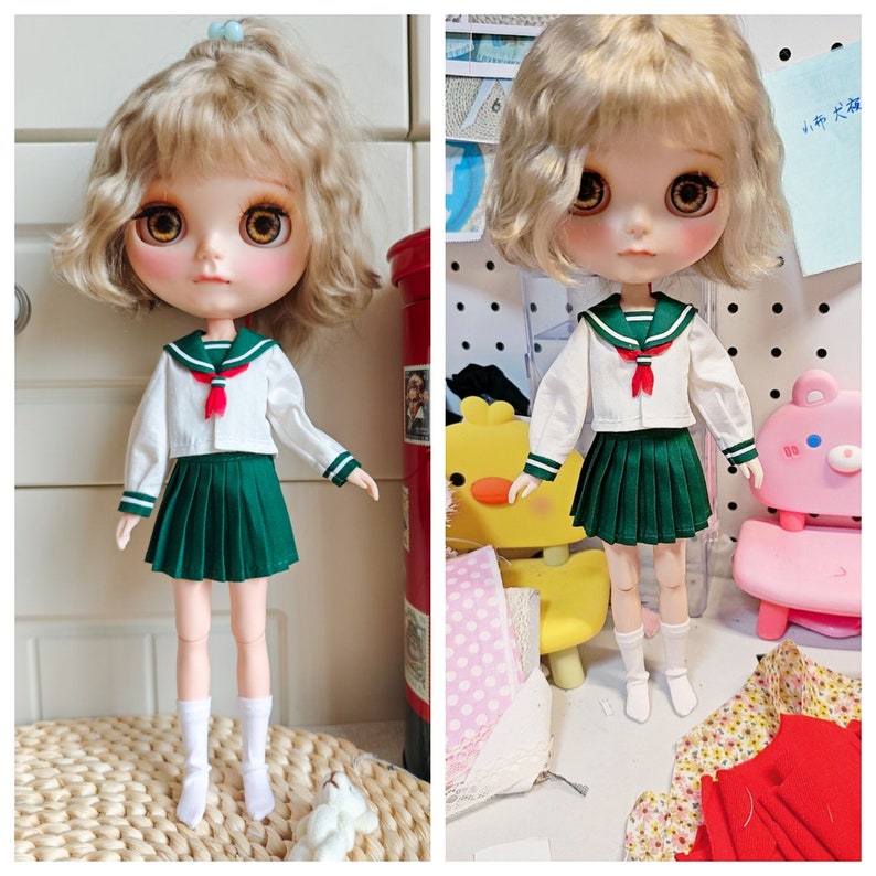 Handmade Blythe Doll Clothes Green Japanese school uniform Kagome Costume Neo Blythe OB22, OB24 zdjęcie 4