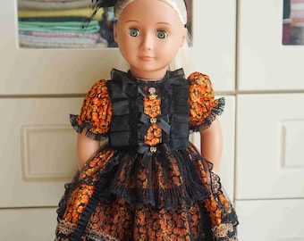 Handmade  Halloween Witch Costume  Pumpkin Print Skir Party Dress for 18 Inch Dolls to fit 18-Inch Girl Dolls Dress Clothes similar size