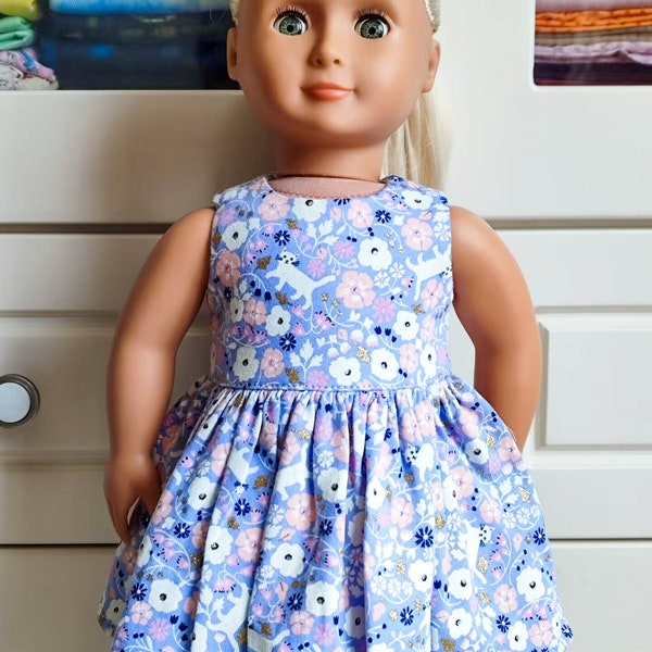 Summer Dress peach blossom and cat  18” Doll Clothes handmade to fit 18-Inch Girl Dolls Dress similar size 18 Inch Doll