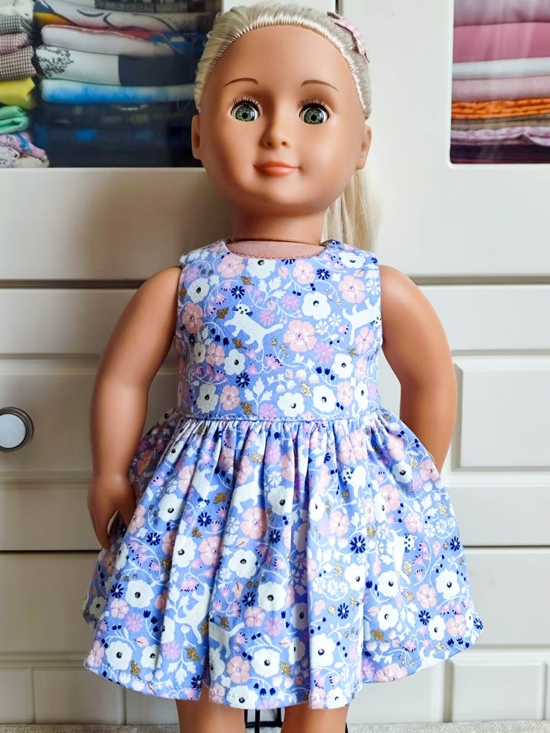 Summer Dress peach blossom and cat 18 Doll Clothes handmade to fit 18-Inch Girl Dolls Dress similar size 18 Inch Doll image 1