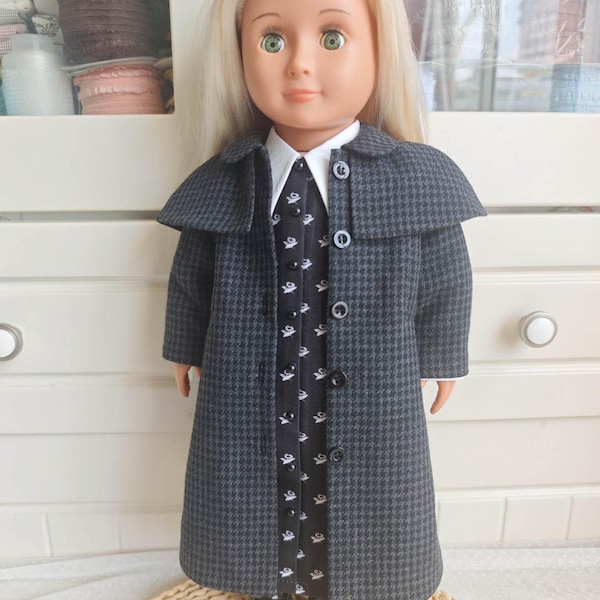 Handmade   Wednesday Cosplay Halloween Party Dress Black Checkered Cape Coat  for 18 Inch Dolls  Dress similar size 18 Inch Doll