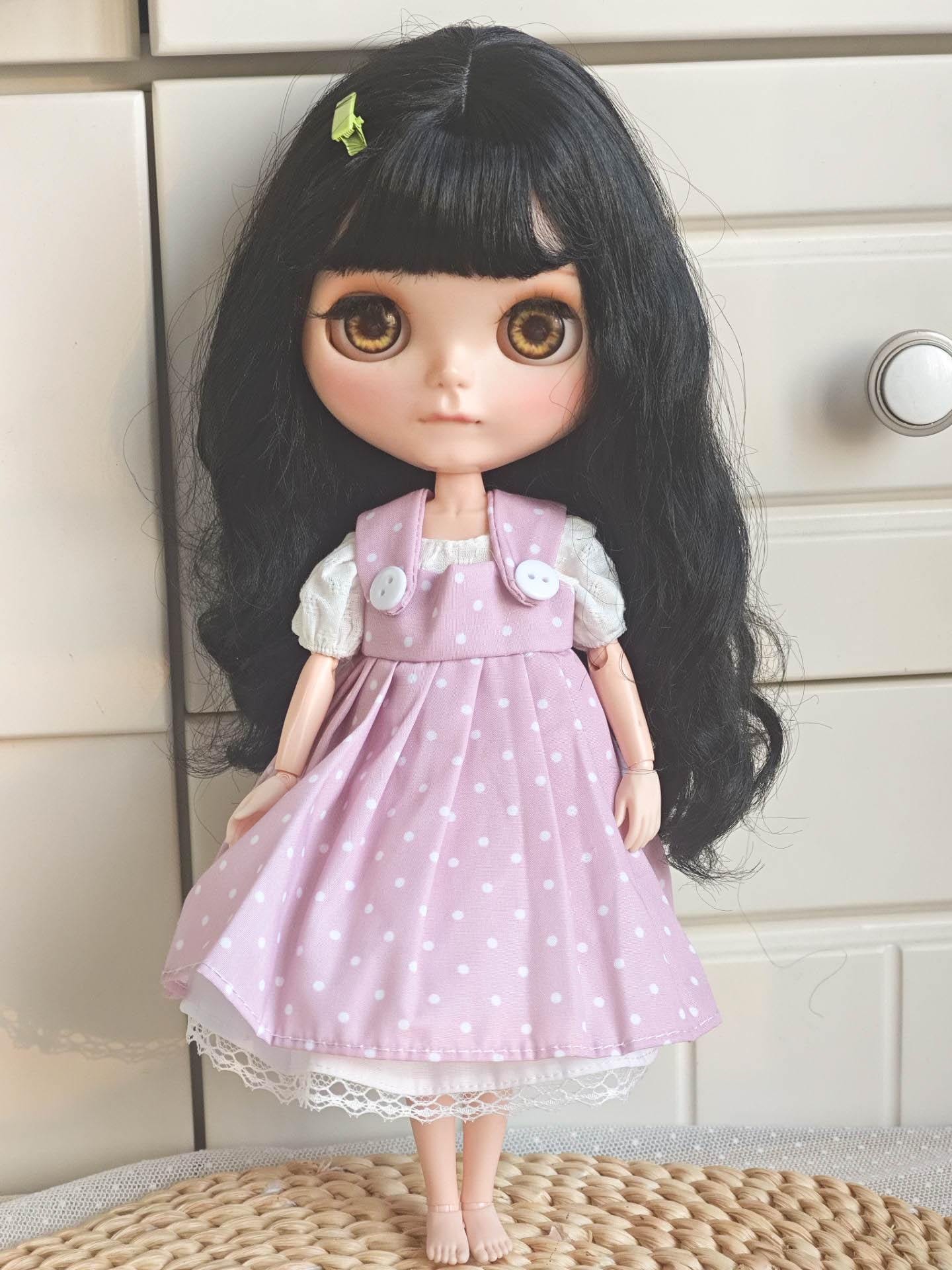 Blythe ベルベットパーカー Handmade Blythe Doll Clothes Sweet Vintage Pink Polka Dot Pinafore
