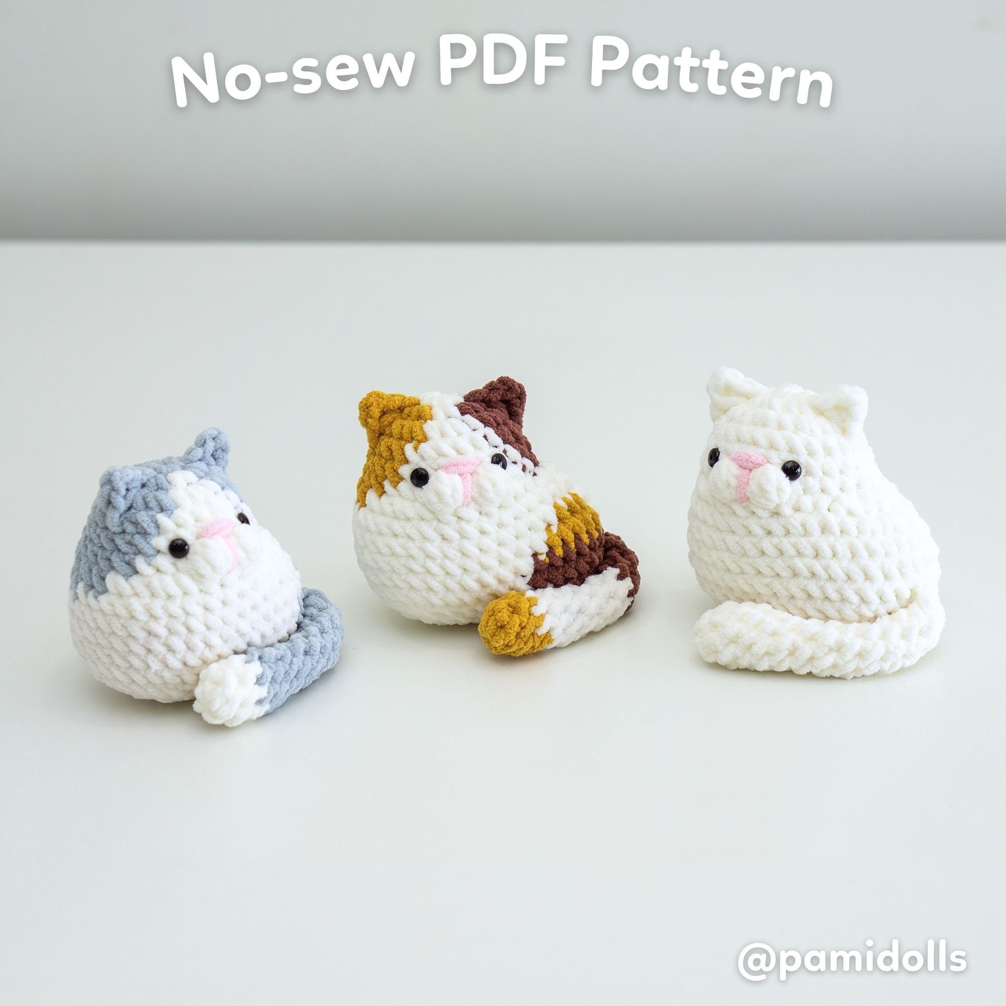 縫わない 3in1 かわいい猫のあみぐるみかぎ針編みパターン