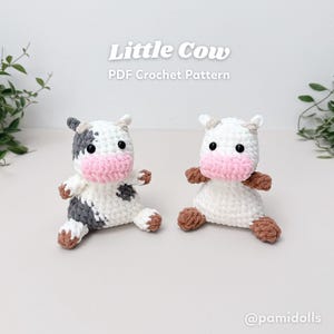 May include: Two crocheted cow dolls. One cow has gray spots and ears, the other has tan spots and ears. Both have pink muzzles, brown hooves, and black eyes. The text "Little Cow PDF Crochet Pattern" is above the dolls.