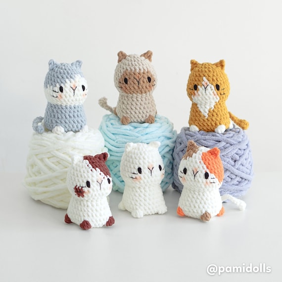 かわいい猫のあみぐるみ編み図、縫わずに作れる6種類のパターン