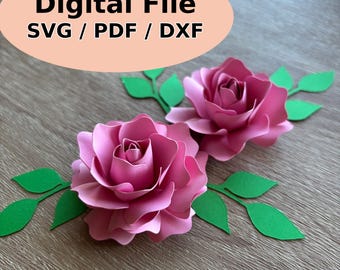Rose Paper Flower Template with leaves | DIY 6-Layer SVG + PDF Cut Files