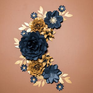 Gold and Blue Paper Flowers Set | Nursery Paper Flower Wall Decor | Wall Flowers Decor | Baby Girl Nursery Flowers