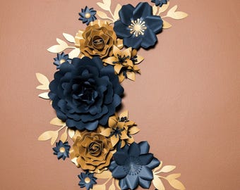 Conjunto de flores de papel doradas y azules: decoración de pared para habitación infantil