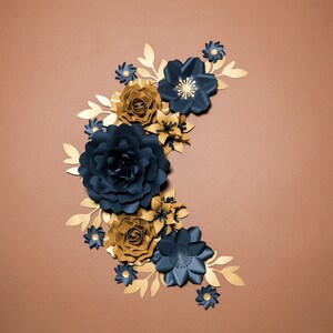 Set di fiori di carta oro e blu/Decorazione da parete con fiori di carta per la scuola materna/Decorazione con fiori da parete/Fiori della scuola materna per bambina