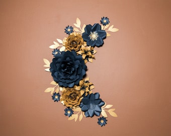 Gold and Blue Paper Flowers Set | Nursery Paper Flower Wall Decor | Wall Flowers Decor | Baby Girl Nursery Flowers