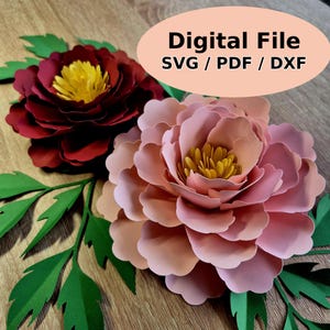 DIY Papier Pfingstrose Vorlagen mit Blättern: 3D Blume SVG, PDF (Digital Download)